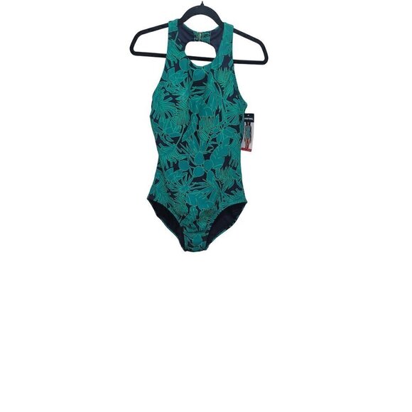 NEW LANDS END WOMEN ONE PIECE SWIMSUIT GREEN/BLUE LEAPS PRINT REMOVABLE CUP SIZE - Picture 1 of 7